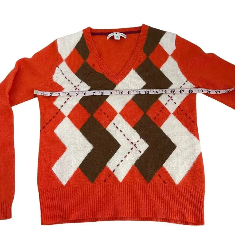 Tommy Hilfiger Vtg Orange V-Neck Sweater Women M Geometric Argyle Wool Blend Y2K